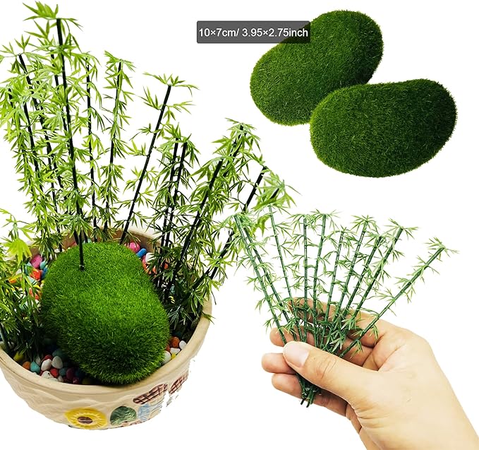 Woohome Model Bamboo Trees, 30 PCS Miniature Bamboo Trees Landscape Green Plastic Bamboo Trees and 2 PCS Artificial Moss Rocks Fake Moss Rocks for Home Decoration, Fairy Gardens