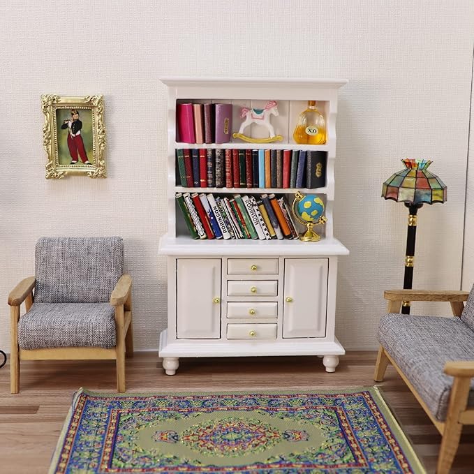 1:12 Scale Miniature Cupboard Bookshelf Classic Wooden Mini Storage Hutch Kitchen Dollhouse Bookshelf Wood Cabinet 1:12 Furniture Display Showcase Decoration Sideboard Accessories (White)