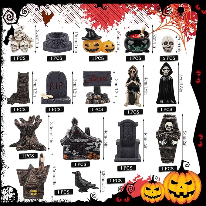 21 PCS Halloween Miniatures Figurines Resin Tombstones Figures Miniature Tombstones Miniatures Skeleton Pumpkin Ghost Ornaments for Halloween Party Favors Fillers Home Tabletop Decor