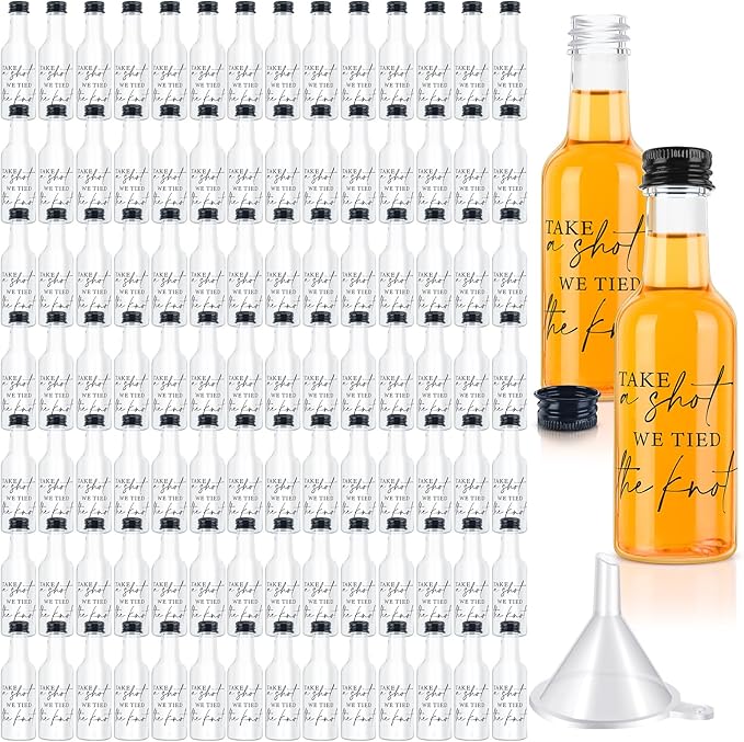 Bokon 100 Pcs Mini Wedding Liquor Bottles Take a Shot We Tied The Knot Shot Glasses for Guests 1.7 Fl Oz/ 50 ml Plastic Reusable Empty Bottle with Cap Funnel Acrylic Mini Glasses for Bridal (Black)