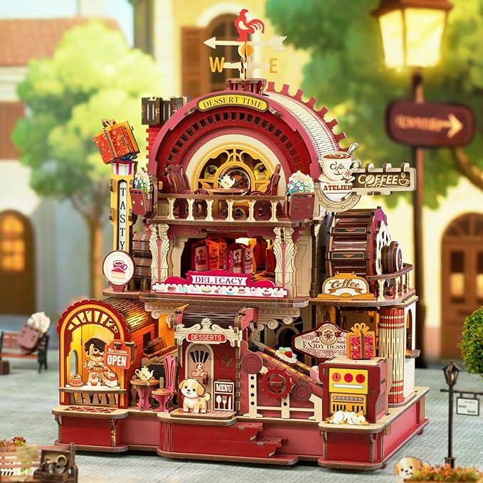 Dessert Atelier Self-Running Powered DIY Miniature House Kit – Movable Dessert & Coffee Lines Dollhouse Kit – Wood 3D Puzzles Tiny House Book Nook Christmas Halloween Birthday