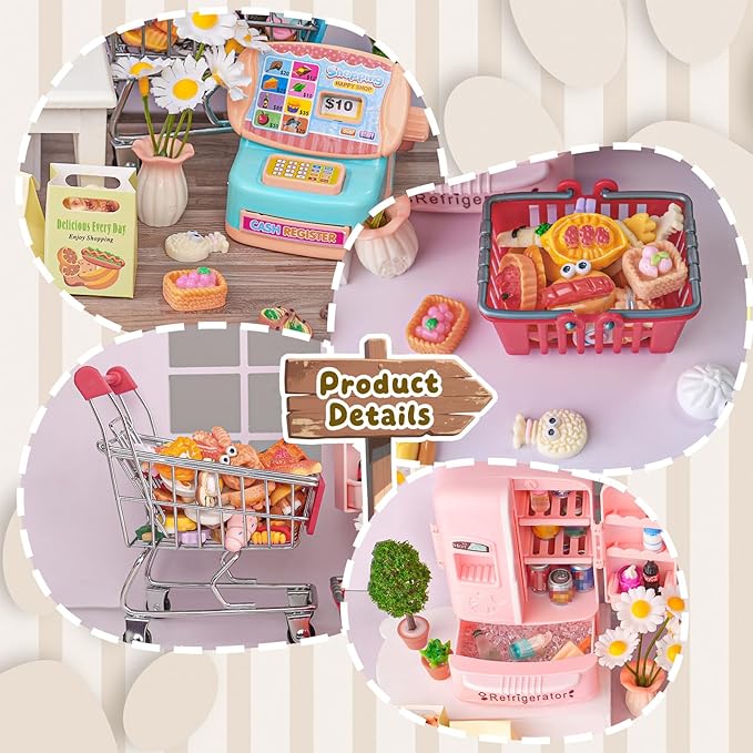 180 Pcs Dollhouse Miniature Kitchen Accessories Shopping Cart Basket Mini Food Drinks Dollhouse Store Grocery Supermarket Metal Handcart Party Model Shelves Cash Register Refrigerator