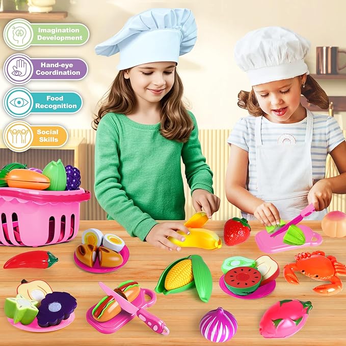 100 Pcs Play Food Set for Kids Kitchen, Pretend Food Toy for Toddlers, Play Kitchen Toys Accessories with 2 Baskets, Cutting Fake Food/Fruit/Vegetable, Christmas Birthday Gifts for Boys and Girls
