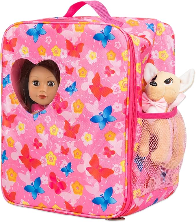 ZITA ELEMENT 18 Inch Girl Doll Backpack Butterfly Design Carrier Bag with Clothes and Accessories Including 18 Inch Dolls Clothes, Shoes, Sunglasses and Toy Dog