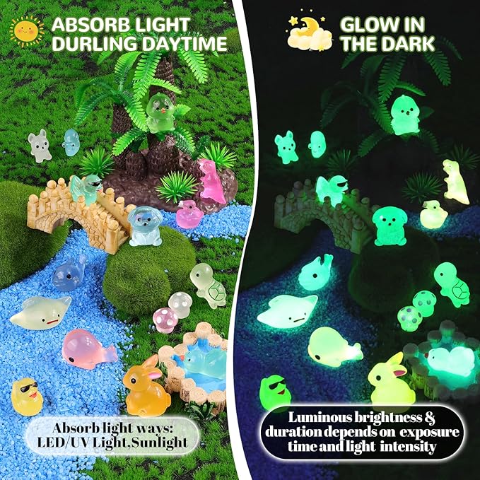 150PCS Mini Resin Animals Tiny Cute Figurines Glow in Dark, Miniature Figures to Hide, Little Animal Small Accessories for Topper Desk Garden Dollhouse Landscape Aquarium Ornaments Crafts & Decor