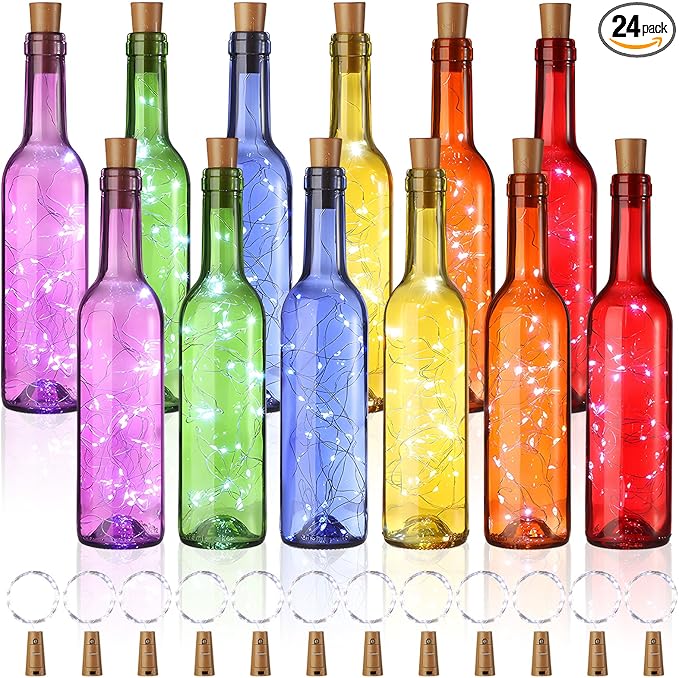 Rtteri 12 Sets Small Empty Wine Bottles with Cork Lights Centerpiece and 30 LED Battery Operated Cork Lights for Birthday Wedding Party Decoration (375 ml,Colorful Bottle)