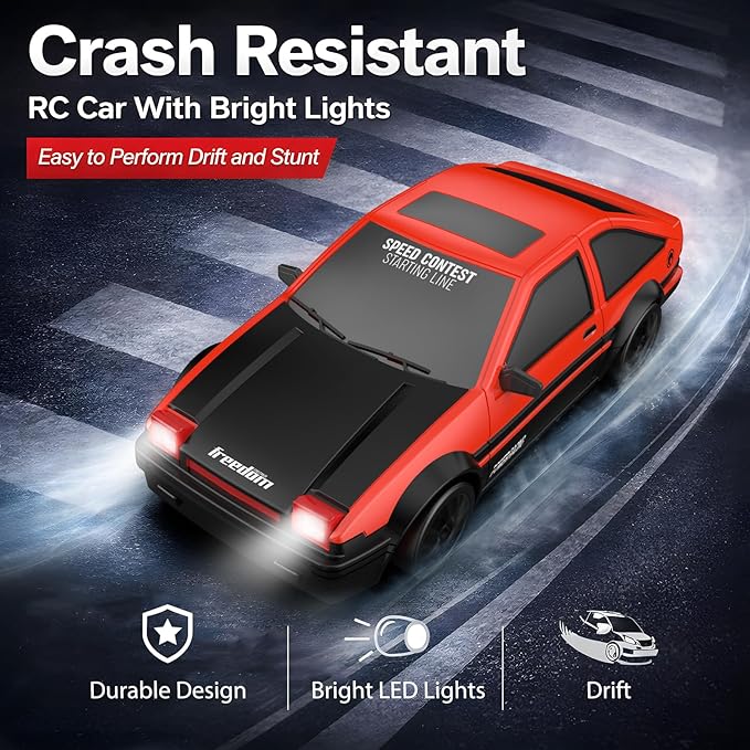 Remote Control Car RC Drift 2.4GHz 1:24 Scale 4WD 15KM/H High Speed Model Vehicle with LED Lights Drifting Tire Racing Sport Toy for Adults Boys Girls Kids Gift 2Pcs Rechargeable Batteries