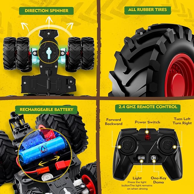 Remote Control Tractor Toy with Trailer | Metal Front & Front Loader Farm Vehicle Set with Lights & 8-Wheel Design, RC Tractor Truck for Boys & Girls Ages 3-9, Fun Farm Toy Gift for Toddlers & Kids