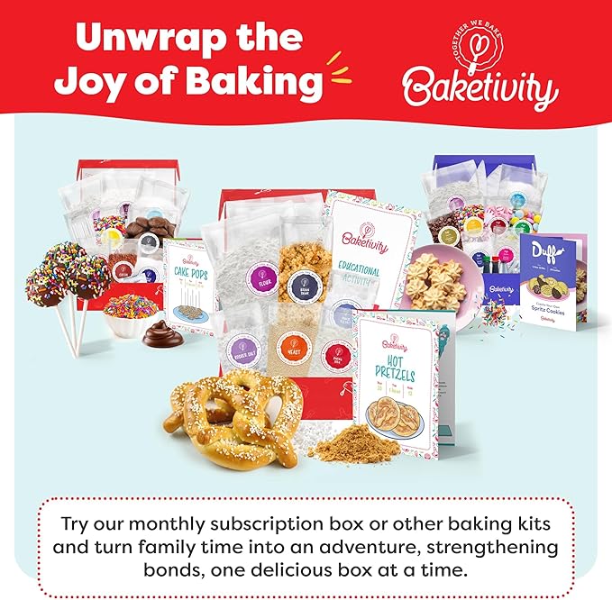 Baketivity Kids Baking Set, Meal Cooking Party Supply Kit for Teens, Real Fun Little Junior Chef Essential Kitchen Lessons, Includes Pre-Measured Ingredients (Kit +Hat & Apron, Pretzel)