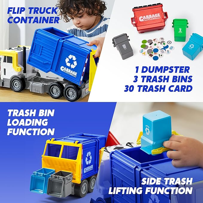 JOYIN Large Friction Powered Garbage Truck Toy Set, Includes 1 Dumpster, 3 Trash Bins, and 30 Learning Cards for Kids, Blue