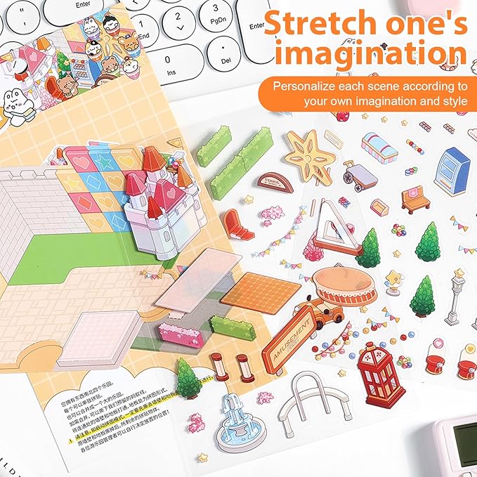 DIY 3D House Sticker, Creative 3D Stickers Scene, Fun 3D House Sticker Set, Decorative 3D Room Sticker, Cartoon 3D Miniature Scene Stickers for Adults Kids to Make Your Own Mini Room Scenes (Set 2)