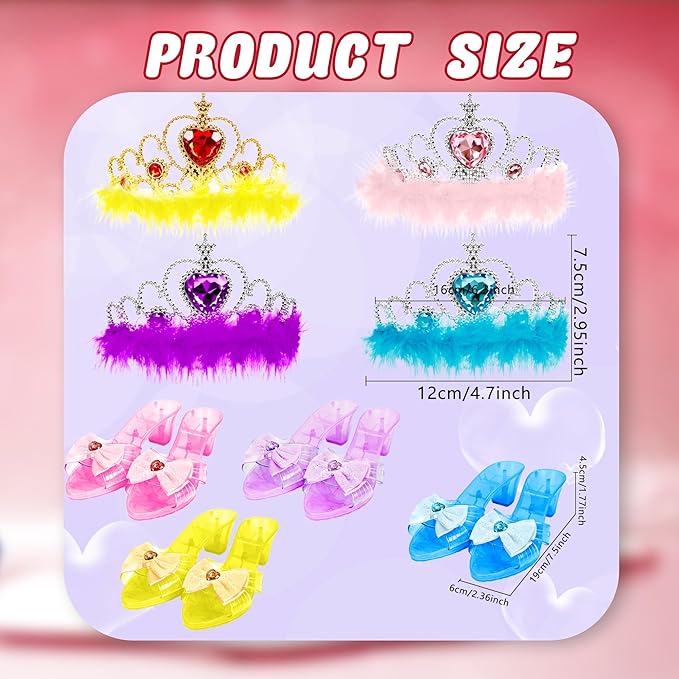 8 Pcs Princess Dress Up Set Includ 4 Pairs Heels Shoes 4 Crown for Little Girls Princess Role Play Toddler Pretend Birthday Gifts Princess Party Favor