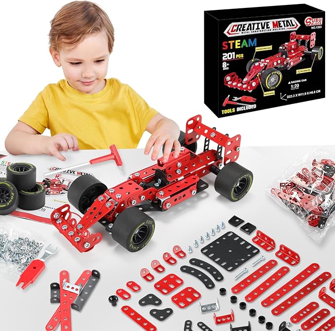 BESTYMXY Building Kit Car Model, 1:20 Scale Race Car Metal Model STEM Project Building, Assembly Toy Set STEM Projects Toys for Boys 8-12, Red Vehicle DIY Assembly Metal Model
