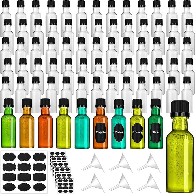 75pcs Mini Plastic Liquor Bottles, 2oz Shot Bottles with Caps Small Plastic Alcohol Bottles Food-Grade Leakproof Containers for Shots, Party Favors, Travel & DIY Crafts