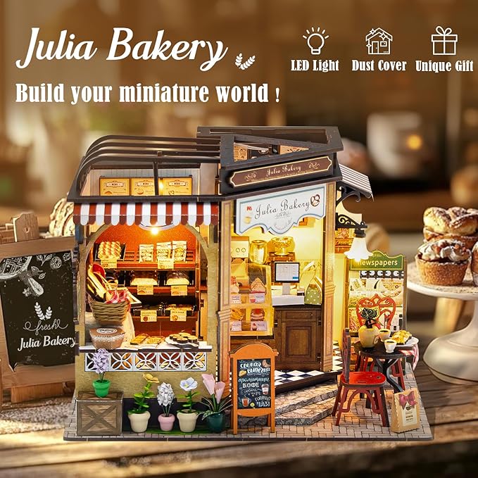 CUTEBEE DIY Dollhouse Miniature Kit, DIY Wooden Dollhouse Kit Miniature House Kit Tiny House Kit, Creative Room Idea (Julia Bakery)