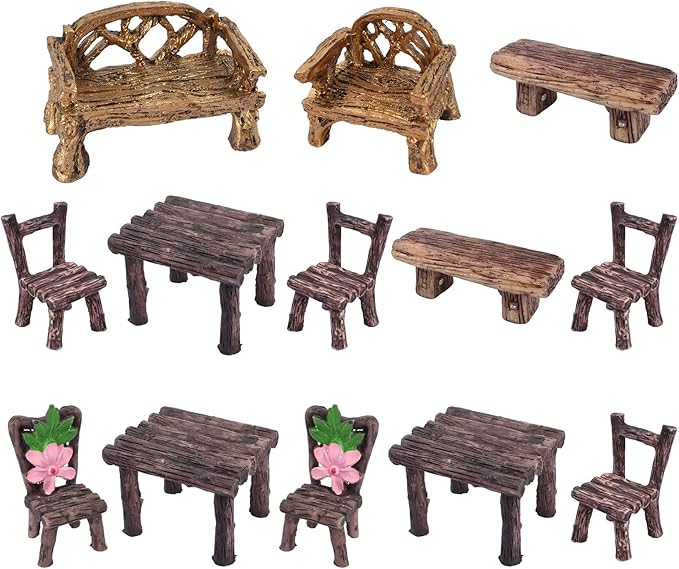 HUIANER Fairy Garden Furniture,13PCS Patio Furniture Miniature Table and Chairs Set Bench Ornaments Kit for Fairy Garden Decoration