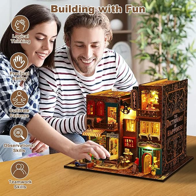 DIY Miniature House Kit, Tiny 3D Wooden Street Scene, Mini Dollhouse Bookshelf Decor Kit with Dustproof Cover & Music Movement, Creative House Craft for Adults, Gift for Family and Friends