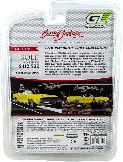 1970 Plymouth 'Cuda Convertible - Yellow (BJ Series 15) Diecast 1:64 Scale Model - Greenlight 37320E