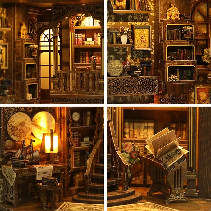 Book Nook Kit for Adult Miniature Model Build Dollhouse Kit 3D Wooden Puzzle with Sensor Led Light for Bookshelf Bookend Decor Adults Teen Craft(Classical Book Collection Room), 1Pack
