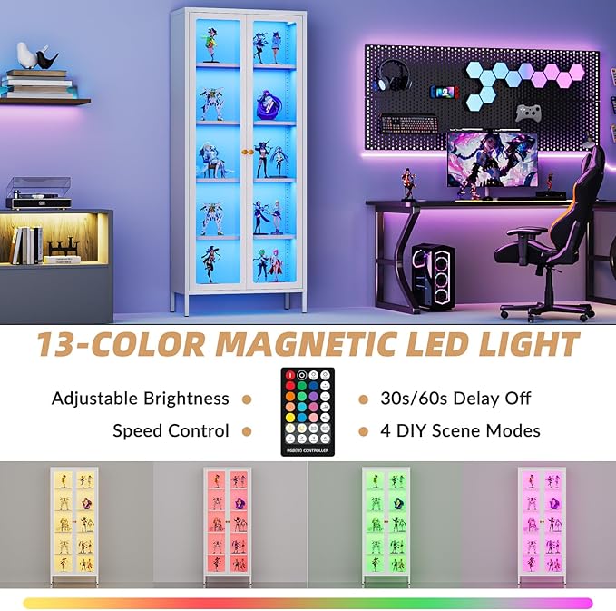 5-Tier Display Cabinet with 13-Color Light, 67" Tall Bookcase Bookshelf with Glass Doors & Adjustable Shelves, Metal Storage Cabinet Display Case for Collectibles Curios Trophies - White
