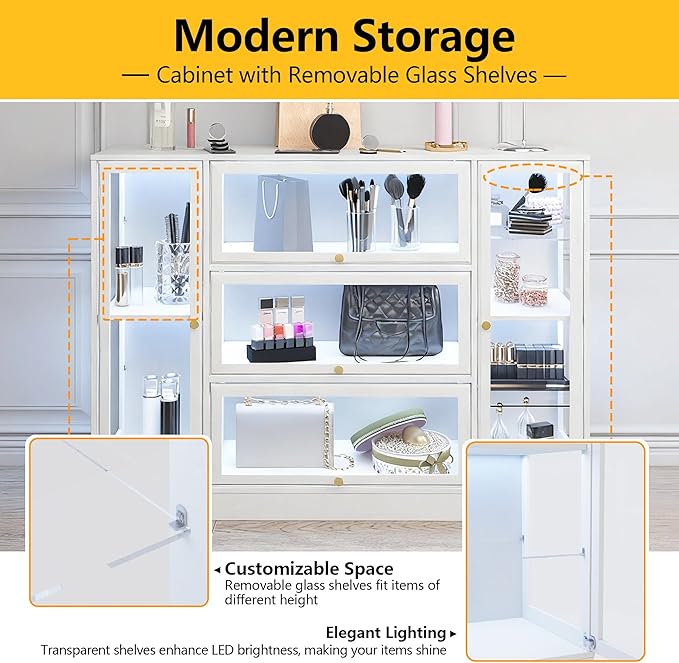 Display Cabinet with Acrylic Glass Doors,Extra Wide Curio Cabinet with LED Lighting for Collectibles, Collectibles Toy Organizers Rack & Display Shelf Display Case, White
