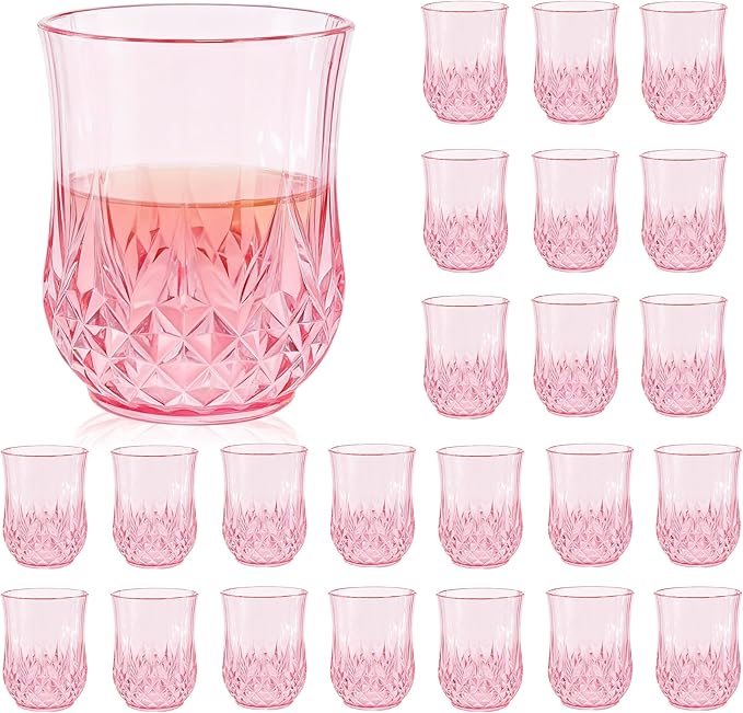 LEYIQU Stemless Wine Glasses, Plastic Reusable Cups Vintage Drinking Glasses Tumblers, Valentine’s Day Gifts for Couples, for Whisky, Beer, Juice, Beverages, Cocktai (24, Pink)
