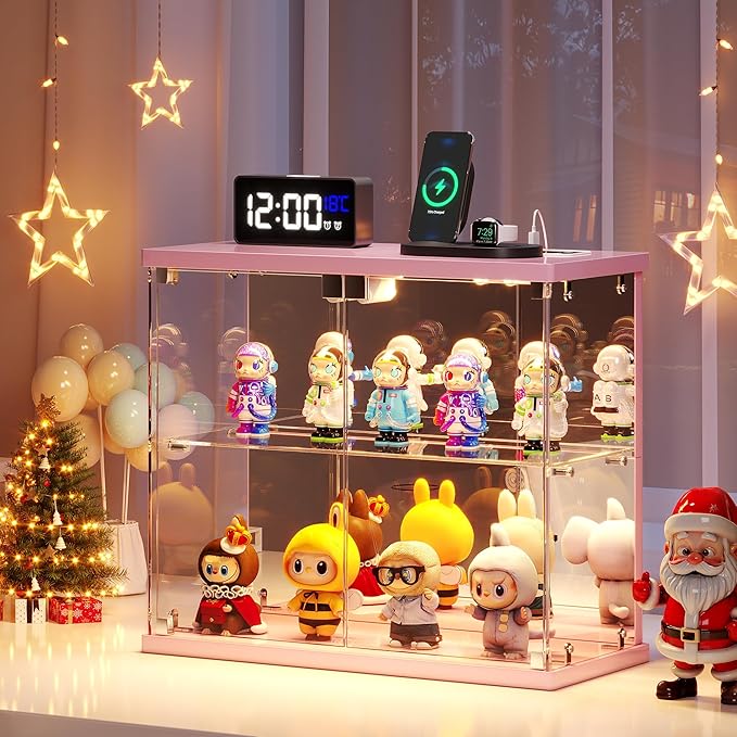 2pcs LED Clear Glass Display Case - for Figures & Collectibles, Small 2-Tier Display Cabinet with Charging Station, Display Box with Lights & Human Sensor, for Model Car, Perfume, Pink