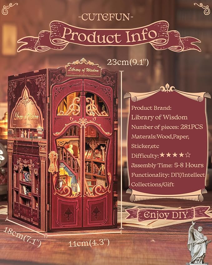 Cutefun Book Nook Kit - DIY Miniature Dollhouse Kit 3D Wooden Puzzle for Adults, Teens, Crafts Gifts for Bookshelf Decor (Library of Wisdom)