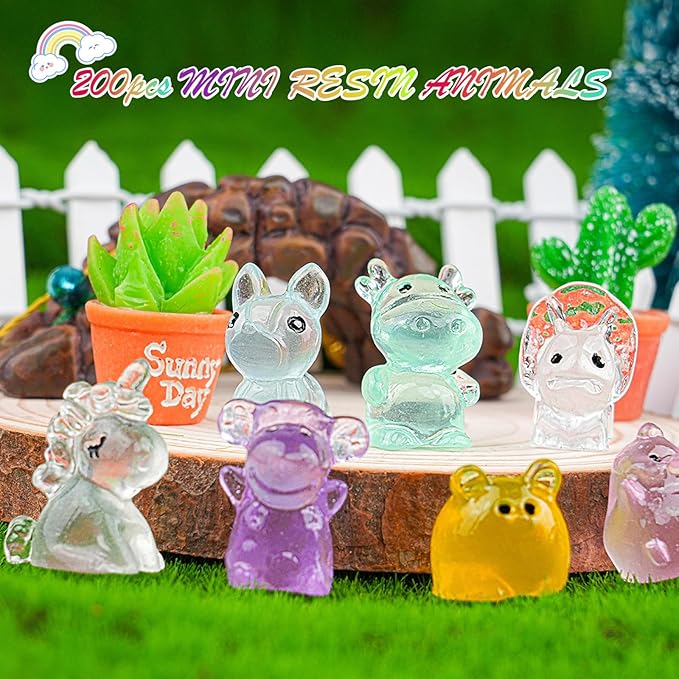 200pcs Multicolor Mini Resin Animals Luminous Tiny Ducks Figures for Micro Fairy Garden Accessories Micro Landscape Ornaments DIY Mini Garden Outdoor Decor Dinosaur Rabbit Flamingo Owls Ocean Animal