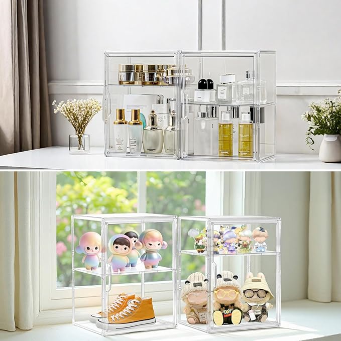 Acrylic Display Case for Collectibles, Clear Storage Bin with 3 Adjustable Layers and1 Removable Divider, Stackable Clear Storage Box with Magnetic Door for Figures, Home or Office,Large,3 Pack