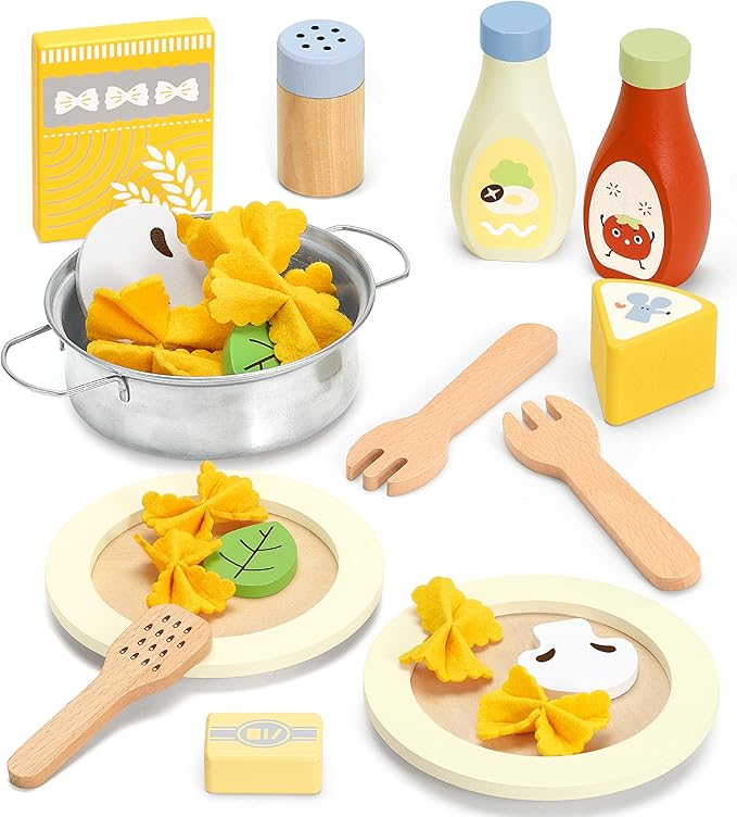 Pillowhale Pasta Food Toys, Wooden Play Kitchen Food , Play Food with Pots and Pans Playset, Kids Pretend Play Kitchen Accessories Toys Set for Girls Boys 3+Years Old