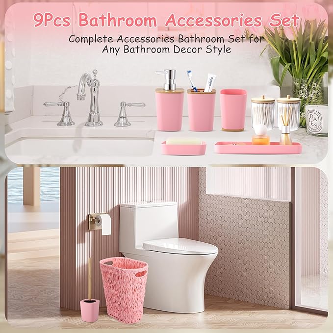 XLHOMO Bathroom Accessories Set with Wicker Trash Can, Pink Bathroom Accessories Pink Bathroom Sets Small Waste Basket Bathroom Trash Can for Bedroom Bathroom