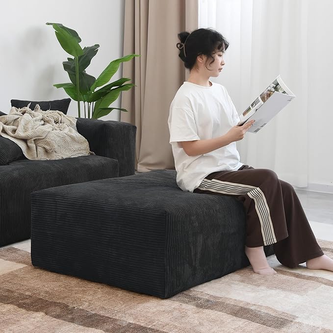 JACH 39.37" Oversized Ottoman Seater for Living Room, Deep Seat Extra Sofa Seater, Minimalist Chaise Ottoman, Modern Corduroy Ottomans for Living Room, Apartment, Black ﻿