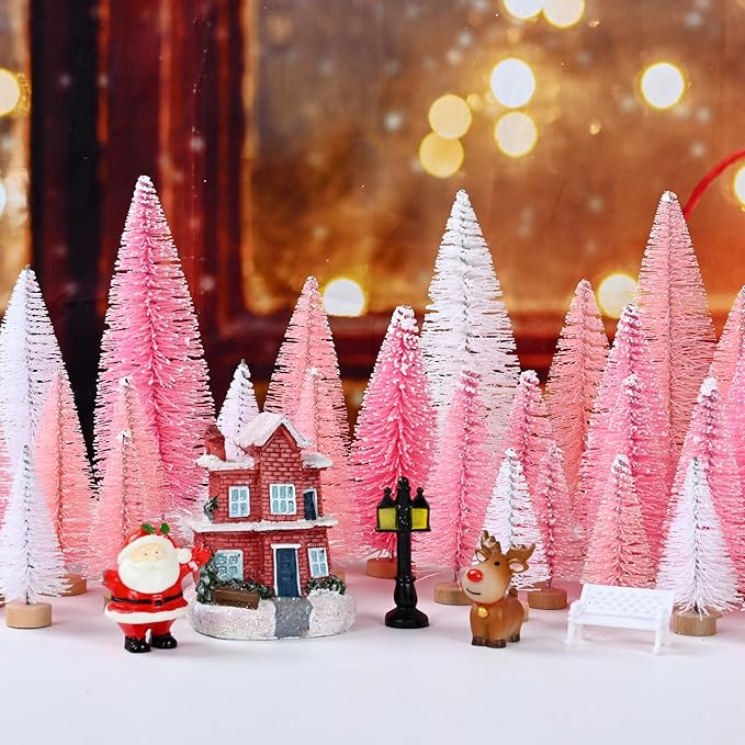Waipfaru 21 Pcs Bottle Brush Christmas Trees, Mini Christmas Table Decor, Miniature Pine Trees for Xmas Tabletop Crafts Indoor Decor (Pink & White)