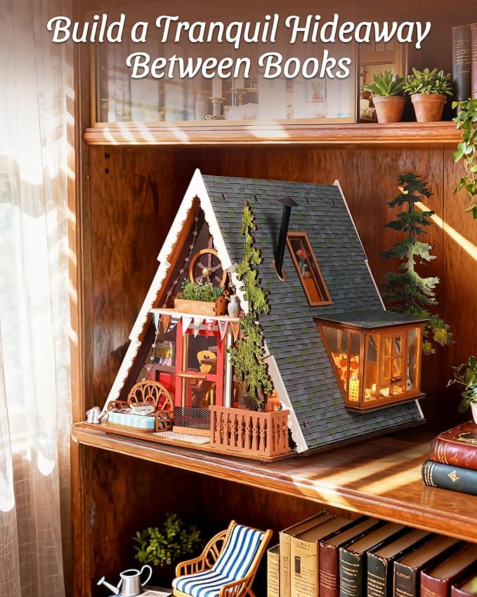 Rolife DIY Miniature House Kit A-Frame Cabin, 3D Wooden Puzzle Tiny House with Openable Skylight for Teens & Adults, Cozy Forest Cabin Décor, Creative Gift for Birthday & Holidays