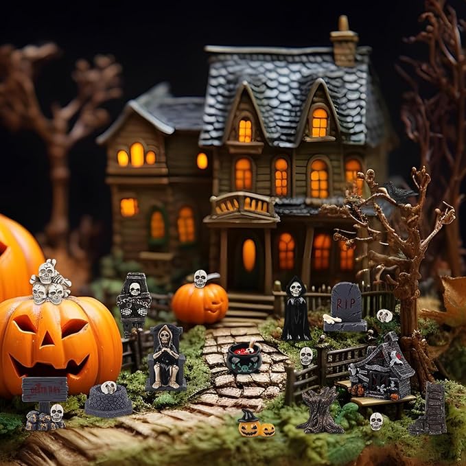 21 PCS Halloween Miniatures Figurines Resin Tombstones Figures Miniature Tombstones Miniatures Skeleton Pumpkin Ghost Ornaments for Halloween Party Favors Fillers Home Tabletop Decor