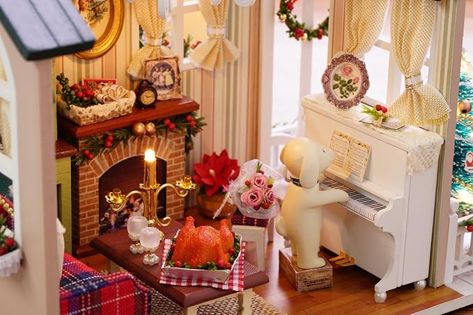Christmas DIY Miniature Dollhouse Kits - Wooden Mini Model House with LED Lights, Tiny Furniture & Accessories – Craft Building Kits for Adults – Birthday Valentine's Gift - Holiday Times