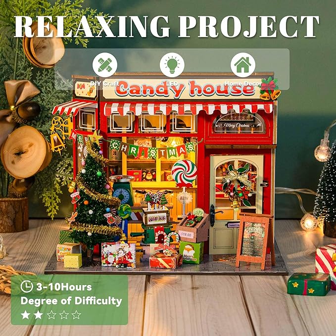 Flever DIY Miniature House Kit, Tiny Home Kit with LED Light, Mini House Build Craft Kits for Adults and Teens, Home Decor Creative Gift for Family/Friends (Christmas Candy House)