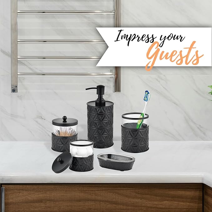 Autumn Alley Black Bathroom Accessories Set, 5 Pieces, Bathroom Decor - Black Soap Dispenser Bathroom Lotion Dispenser, Metal Toothbrush Holder, 2 Glass Apothecary Jars (Qtip Holder), Soap Holder