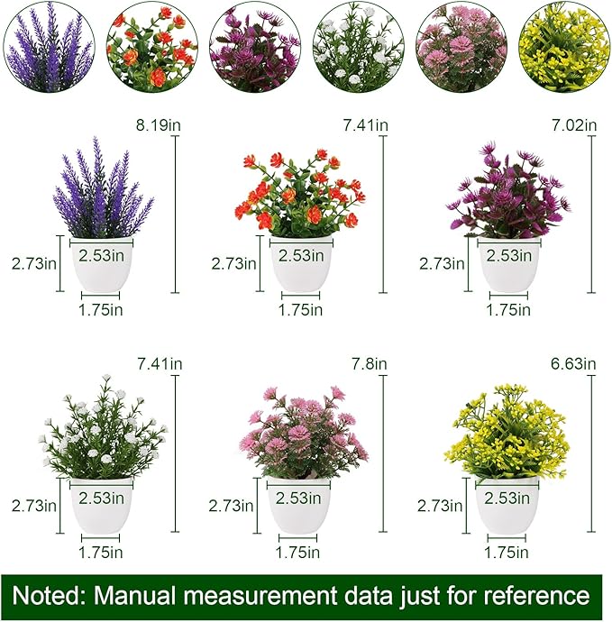 Yoratee Artificial Small Plant 6pcs Fake Flower Potted Plant Bathroom Faux Plant for Indoor Decor Window Tabletop Office Colorful Flower