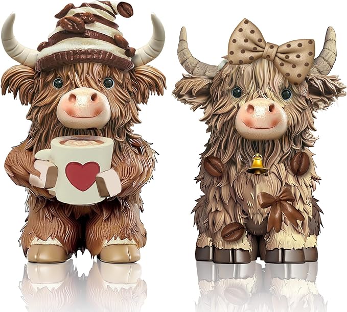 Burbell 2 Pack Highland Cow Resin Figurine Decor Coffee Theme Highland Cow Gnomes Starfish Resin Statue for Garden Table Shelf Kitchen Home Coffee Bar Decor Calf Gnome Herd Gifts