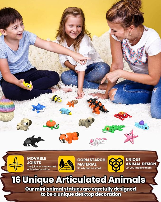 17PCS 3D Printed Animal Figurines Set with Mushroom Container - 16 Unique Articulated Animals, Fidget Toys for Stress Relief, Party Favors, Desk Decor & Gifts for Kids & Adults (17PCS Colour)