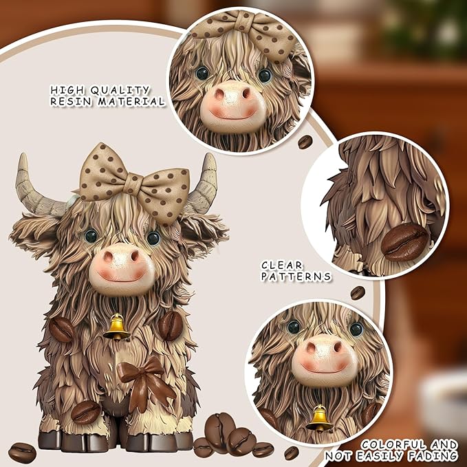 Burbell 2 Pack Highland Cow Resin Figurine Decor Coffee Theme Highland Cow Gnomes Starfish Resin Statue for Garden Table Shelf Kitchen Home Coffee Bar Decor Calf Gnome Herd Gifts