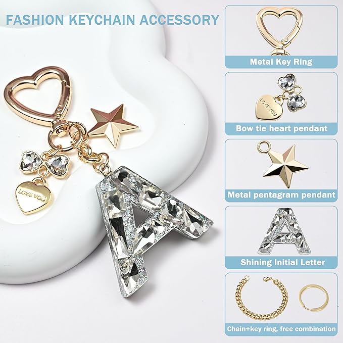 Cute Bling Keychain initial Letter Butterfly Star Pink Purple Gift for Women Girls Bag Cup Charms Accessories
