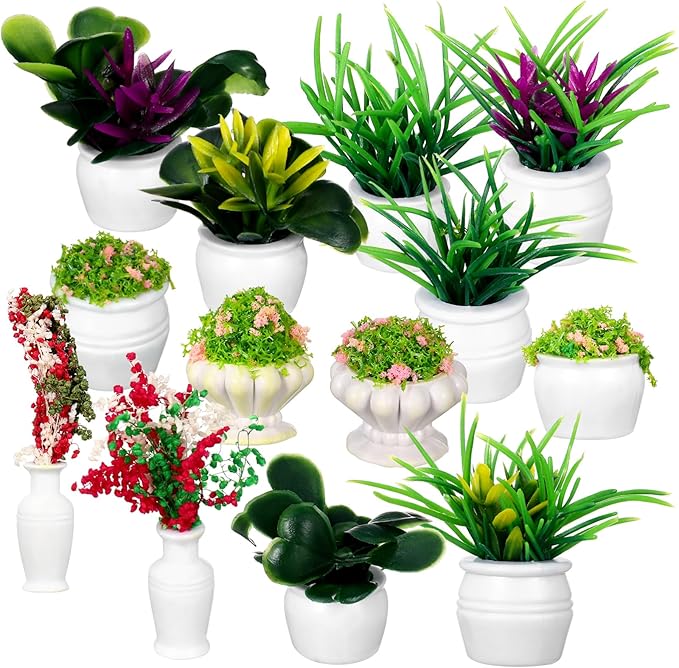 STOBOK 13Pcs Miniature Dollhouse Plant Flowers: Miniature Bonsai Plants Mini Artificial Potted Flower Fake Tiny Greenery Ornament Crafts for Doll House Furniture Home Decor, Random Color