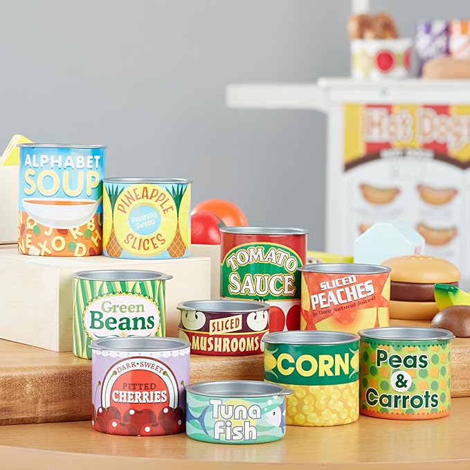 Melissa & Doug Let's Play House, 10 Grocery Cans with Removable Lids, Toy Food & Play Kitchen Accessories, Preschool Learning Toys for Girls & Boys 3+