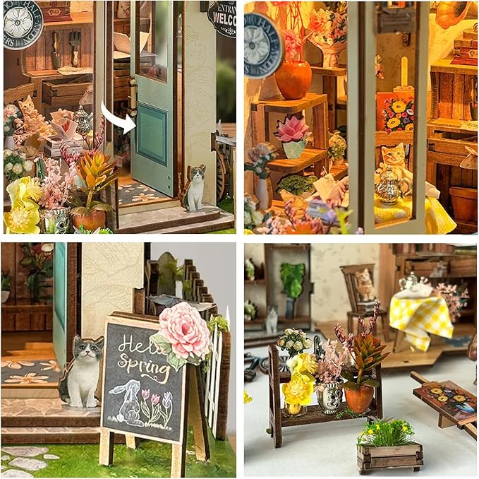 CUTEROOM Book Nook Kit for Adults, 3D Wooden Puzzle DIY Miniature Dollhouse Booknook Kit, Tiny House Building Kit with LED Light for Bookshelf Insert Decor- Spring Island