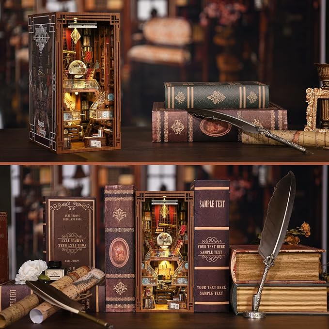 DIY Book Nook Kit, DIY Miniature Dollhouse Booknook Kit, 3D Wooden Puzzle Bookend Bookshelf Insert Decor with LED Light for Teens and Adults (Beyond Library)