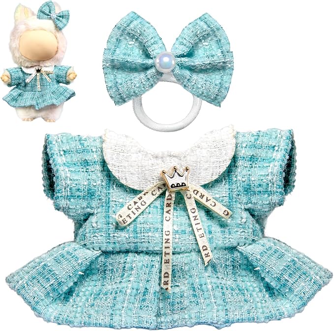 Clothes for LABUBU Doll (NO Doll), Luxury Chic Style 2-Piece Accessories for LABUBU 17cm Dolls, Premium Fashion Outfits for LABUBU - Bow Headdress + Plaid Tweed Dress (Blue)
