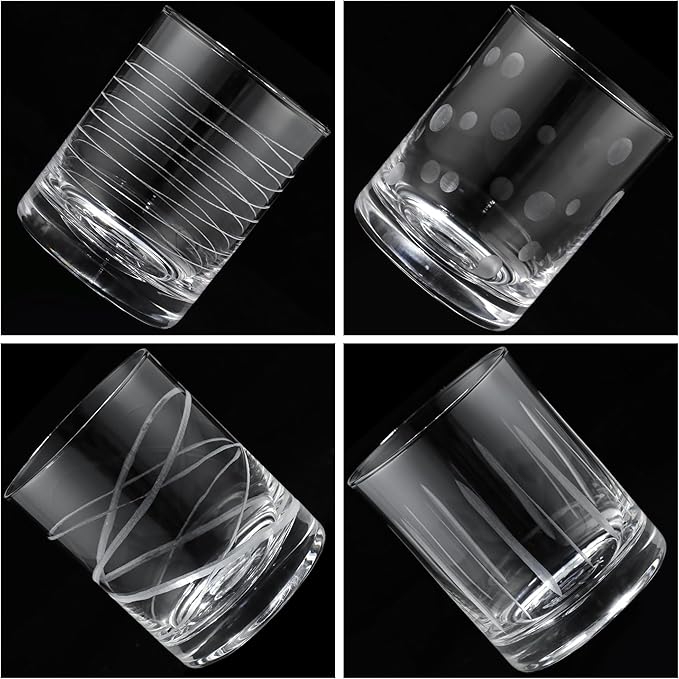 Joeyan Hand Blown Etched Whiskey Glasses,Old Fashioned Tumblers with Stripes Dots Pattern,Clear Carved Rocks Glasses,Scotch Bourbon Glassware for Party Anniversary,13.5 oz,Set of 4,Dishwasher Safe